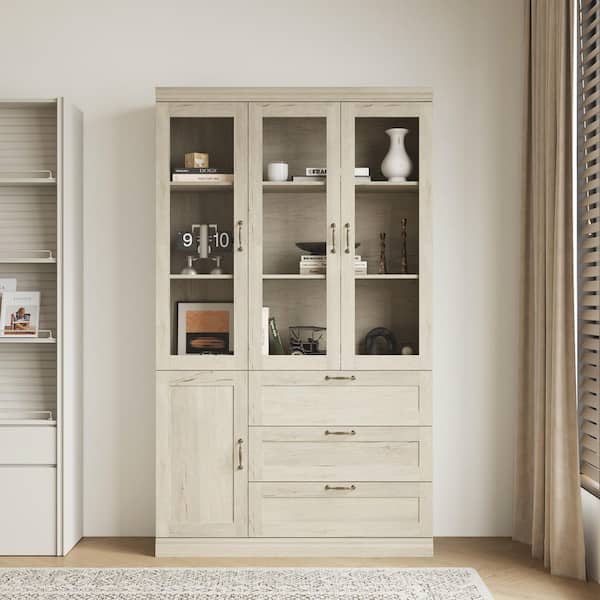 80 in. Tall Beige Wood 8-Shelf Standard Bookcase, Accent Storage Cabinet with Glass Doors and 3 Drawers