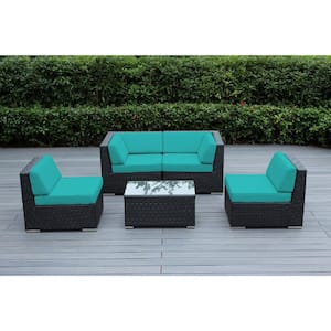 Ohana Black 5-Piece Wicker Patio Seating Set with Supercrylic Turquoise Cushions