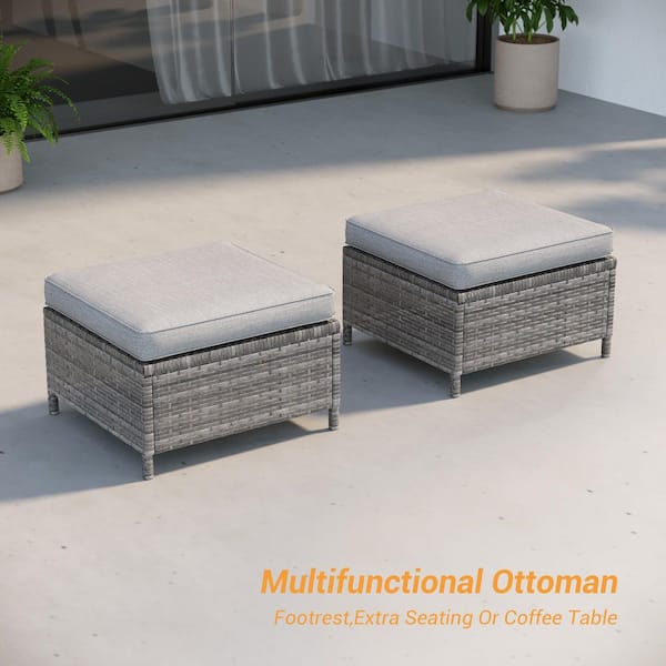 JOYESERY 3-Seater Patio Gray Wicker Sofa set with Ottomans, Linen