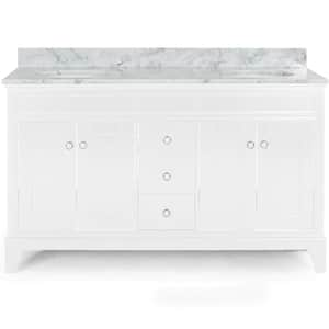 61 in. W x 22 in. D x 40 in. H Double Sink Freestanding Bath Vanity in White with White Marble Top and Storage Cabinet