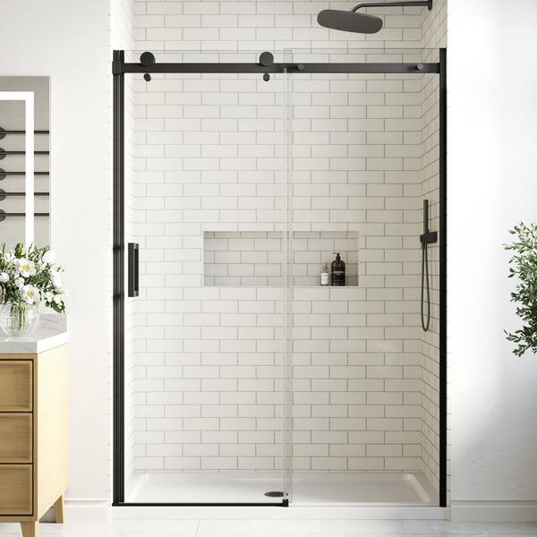 50 to 54 in. W x 74 in. H Single Sliding Frameless Shower Door in Black with Soft Close System and 5/16 in. Clear Glass