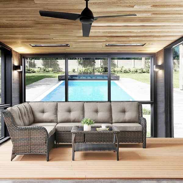 Gymojoy Carolina 5-Piece Brown Wicker Outdoor Patio Sectional Sofa Set with Gray Cushions and Coffee Table