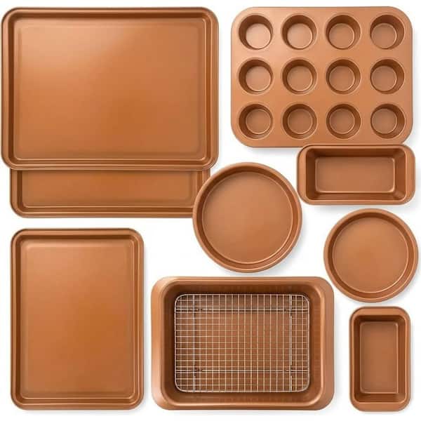 10-Piece Golden Nonstick Carbon Steel Bakeware Set with Cookie Sheet, Muffin Tray, Cake Pan, Oven Safe