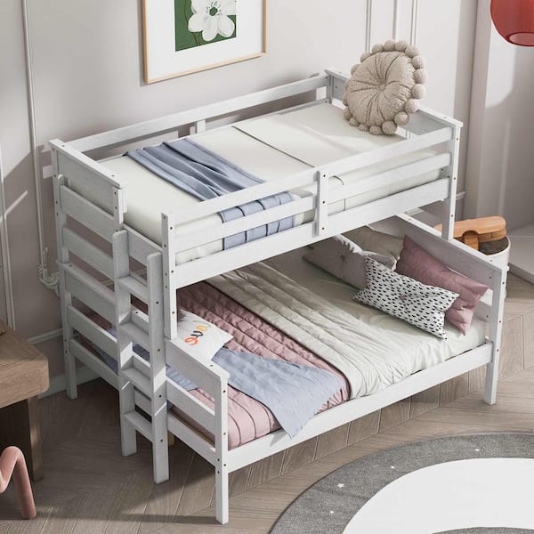 Polibi White Wood Twin over Full Bunk Bed with Ladder