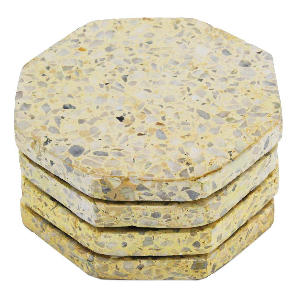 4-Piece White and Yellow Chips Terrazzo Octagonal Coasters 53360