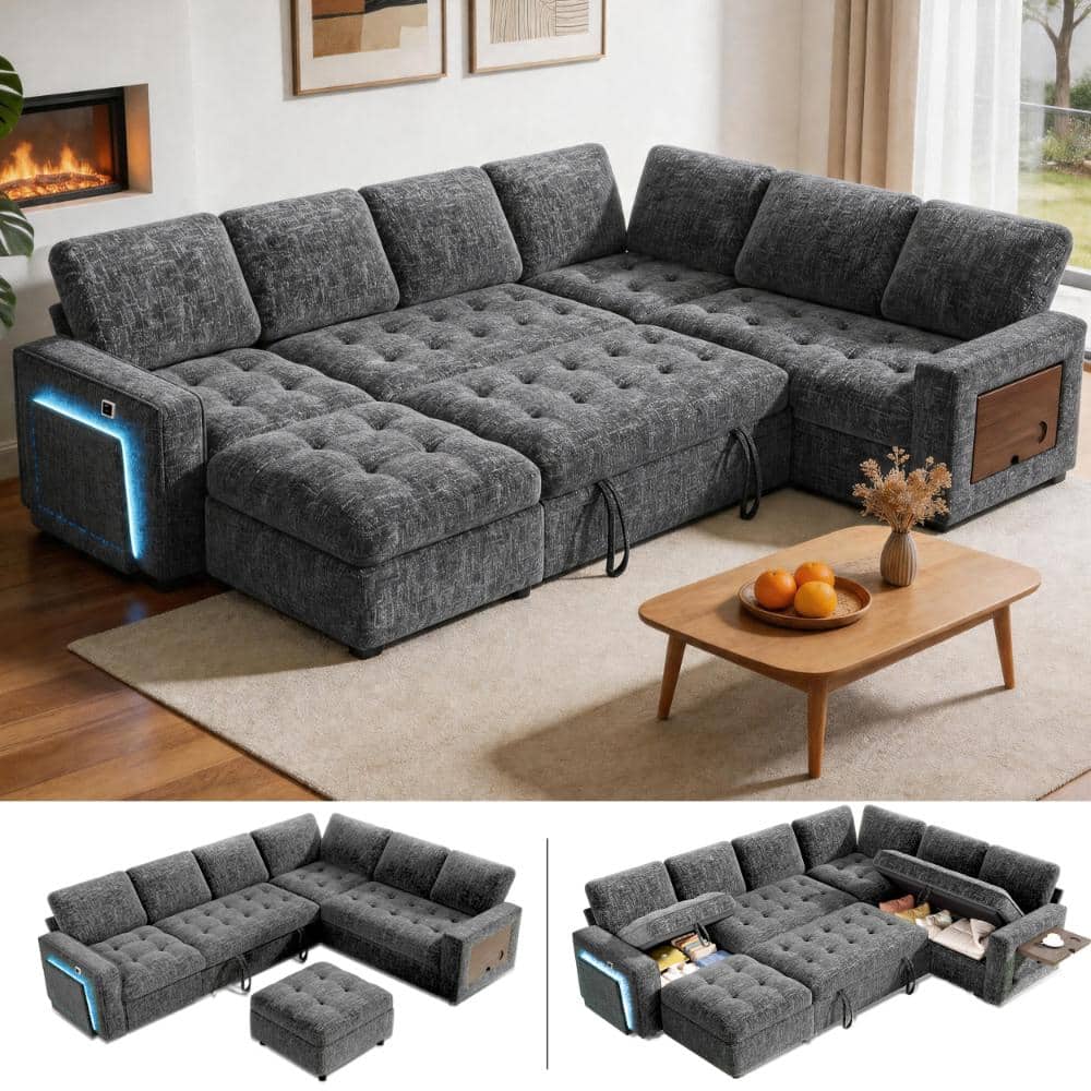 102in Chenille L Shaped 7-Seat Sleeper Sectional sofa bed in Grey,Pull out Couch for living room,Tool-Free Assembly