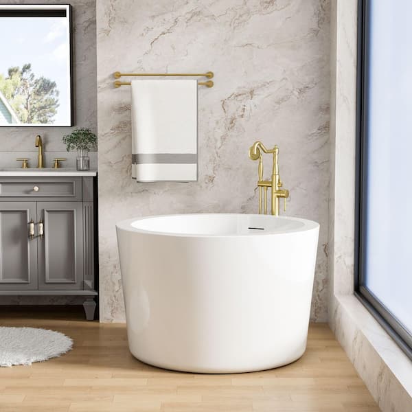 HIN 41 in. x 41 in. Pure Acrylic Round Japanese Soaking Bathtub with Center Drain in Glossy white
