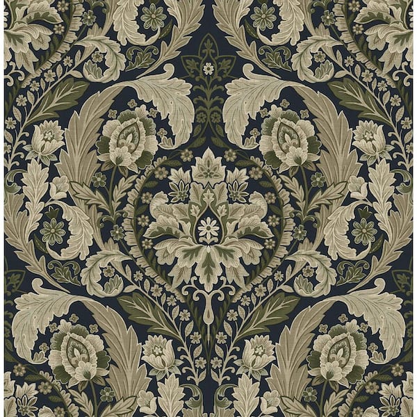 30.75 sq. ft. Deep Sea Thornton Vintage Damask Vinyl Peel and Stick Wallpaper Roll