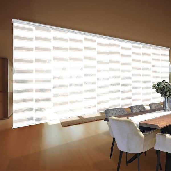 EMOH Spotlight 140 in. - 260 in. W x 116 in. L Adjustable 12-Panel White Double Rail Panel Track with 23.5 in. Slates
