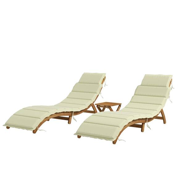 Sudzendf 3-Piece Wood Outdoor Chaise Lounge Set with Beige Cushions and Table