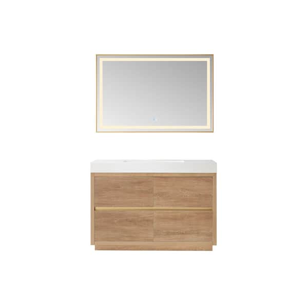 ROSWELL Palencia 48 in. W x 20 in. D x 33.9 in. H Single Sink Bath Vanity in N. American Oak with White Composite Top and Mirror