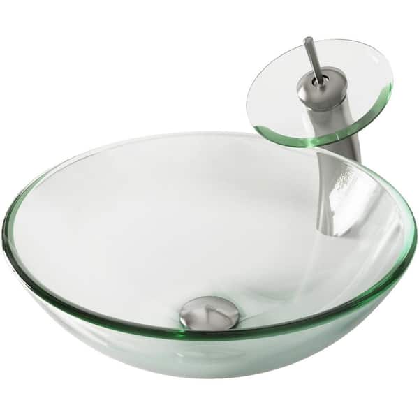 VIGO Glass Round Vessel Bathroom Sink in Iridescent with Waterfall Faucet and Pop-Up Drain in Brushed Nickel