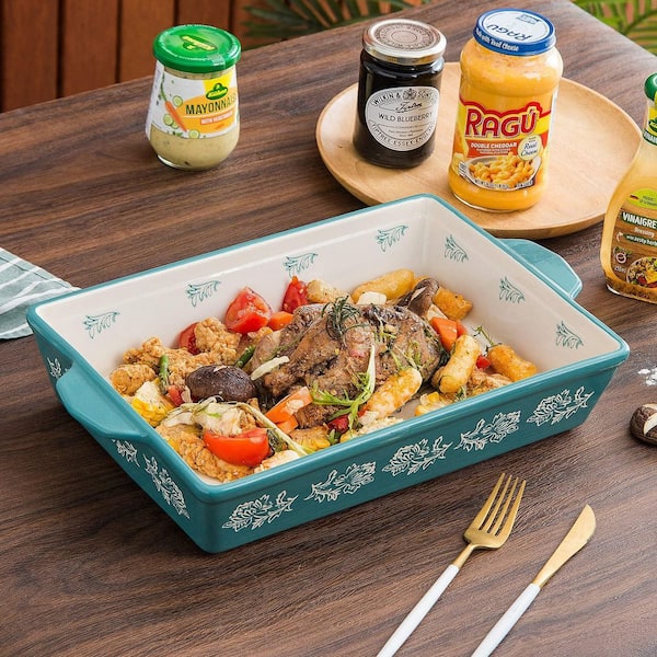 Porcelain Ceramic Baking Dish Rectangular Bakeware with Double Handles and Rose Pattern for Oven and Microwave