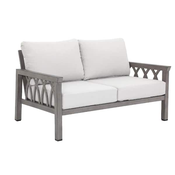 Grey Aluminum Outdoor Loveseat with Beige Cushions