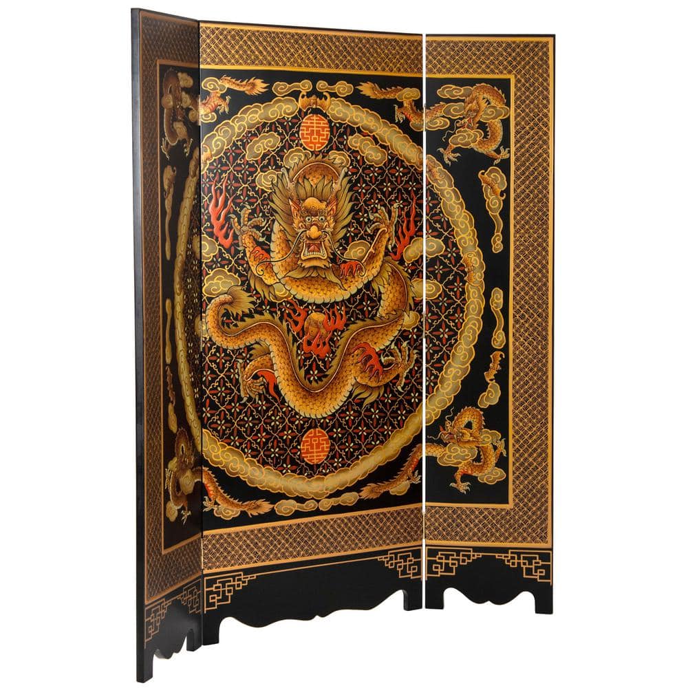6 Ft Tall Black Lacquer Elm Wood Dragon Room Divider