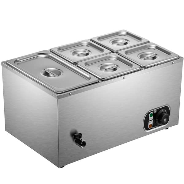 SKYSHALO Commercial Food Warmer 5-Pan Stainless Steel Bain Marie 13.7 qt. Capacity 1500W Steam Table 15cm/6in. Deep Electric