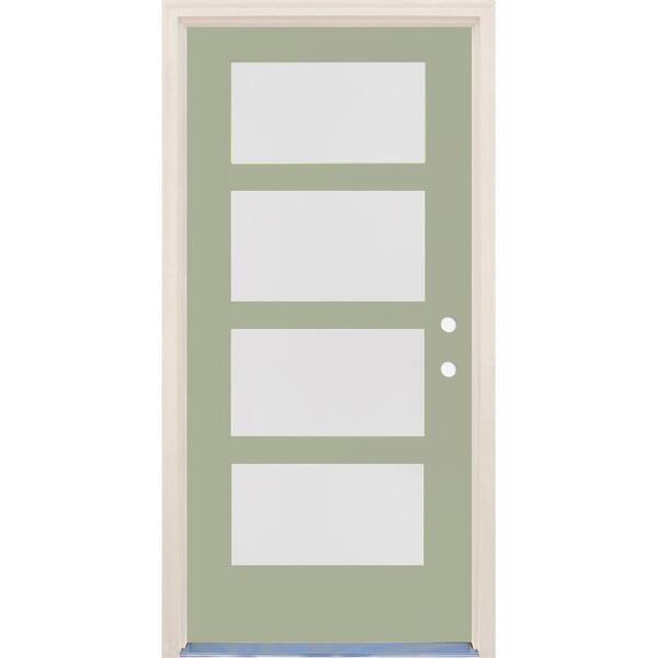 Builders Choice 36 in. x 80 in. Left-Hand/Inswing 4 Lite Satin Etch Glass Cypress Painted Fiberglass Prehung Front Door w/4-9/16" Frame