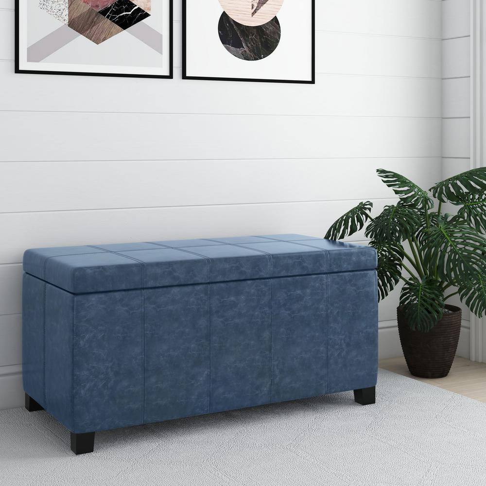 Denim Blue Tufted Faux Leather Storage Footstool