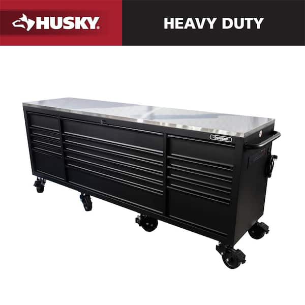96 in. W x 24 in. D 16-Drawer Heavy-Duty Mobile Workbench with Stainless Steel Top in Matte Black