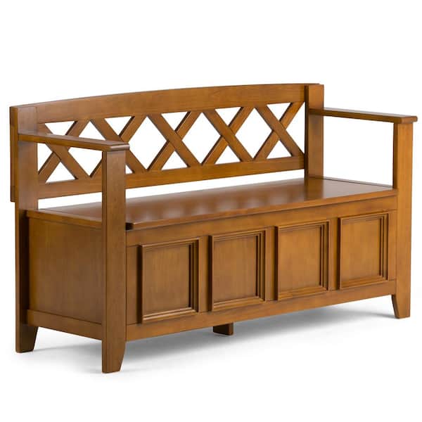 Simpli Home Amherst Solid Wood 48 in. Wide Transitional Entryway Storage Bench in Light Avalon Brown