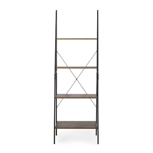 Noble House Bremen 71.5 in. Rustic and Black 4-Shelf Ladder Bookcase