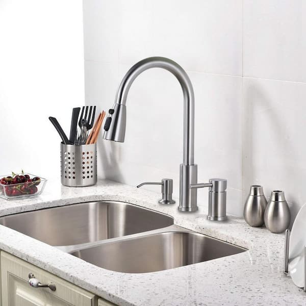 Single Handle Pull Down Sprayer Kitchen Faucet with Soap Despenser in Brushed Nickel