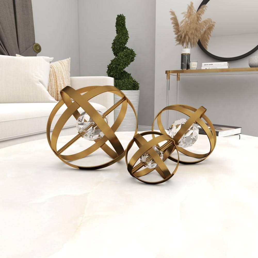Gold Metal Geometric Sculpture Set with Crystal Center