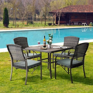 Brown 5-Piece PE Wicker Outdoor Dining Set with Green Cushions