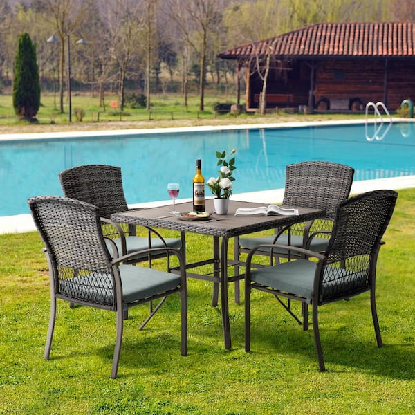 PamaPic Brown 5-Piece PE Wicker Outdoor Dining Set with Green Cushions