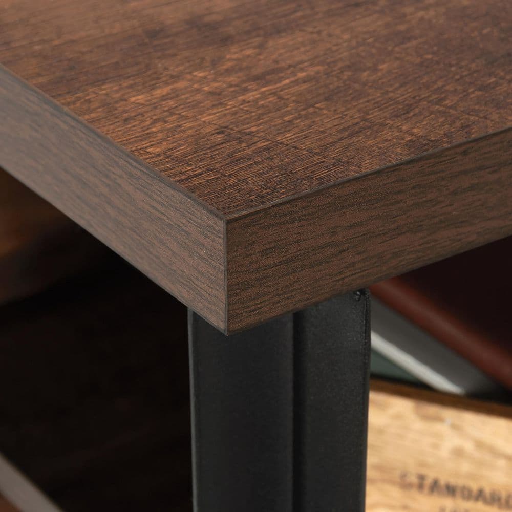 Barrel Oak and Black Metal Computer Desk Hutch with Shelves