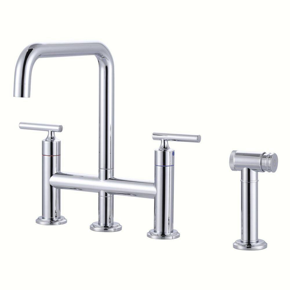 Deck Mount Double Handle Brass Bridge Kitchen Faucet with Pull-Out Side Sprayer in Polished Chrome price history on PriceWatchPro