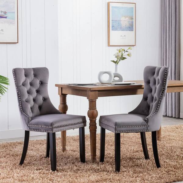 High-End Tufted Gray Chair with Nailhead Trim (19.7 in. W x 37.5 in. H) (Set of 2)