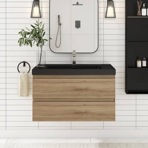 Staykiwi 35.5 in.W x 19.5 in. D x 22.5 in. H Single Sink Wall Mounted Bath Vanity in Natural Oak with Matte Black Quartz Sand Top