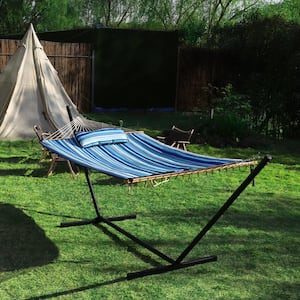 12 ft. Hammock with Stand for Outdoor, 2-Person Hammock with Detachable Pillow, Blue Stripes