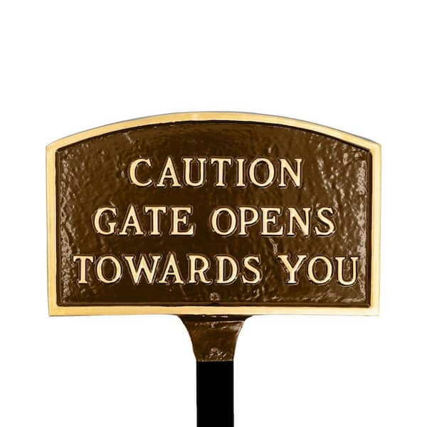 Montague Metal Products 5.5 in. x 9 in. Small Arch Caution Gate Opens Towards You Statement Plaque Sign with Lawn Stake - Oil Rubbed/Gold