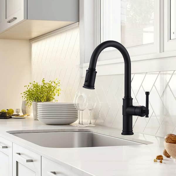 Matte Black Single Handle Pull-Down Sprayer Kitchen Faucet with 3-Mode Sprayer and Deckplate in Stainless Steel