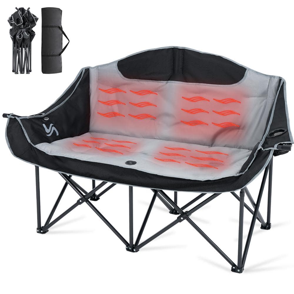 BOZTIY Oversized Heated Double Camping Chair 660 lbs. 2-Person Heated Folding Chairs w/ 3 Heat Levels and 4 Heating Zones JRSRY-16-BKGYHD01