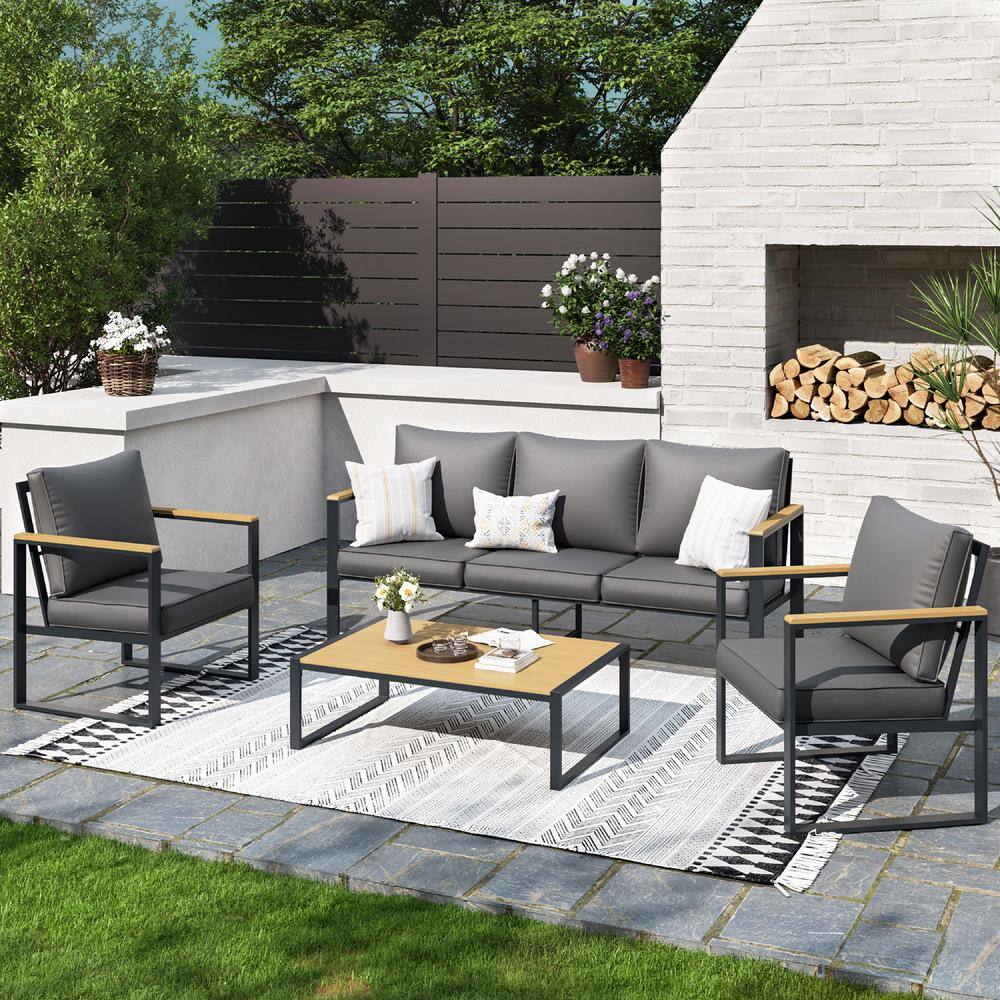 4-Piece Aluminum Patio Conversation Set with Gray Cushion and Faux Wood Grain Frame Coffee Table for Courtyard Poolside price history on PriceWatchPro