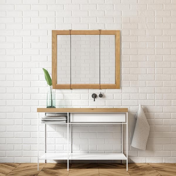 Richland 36 in. W x 30 in. H x 4-4/5 in. D Framed Tri-View Surface-Mount Bathroom Medicine Cabinet in Nutmeg Oak