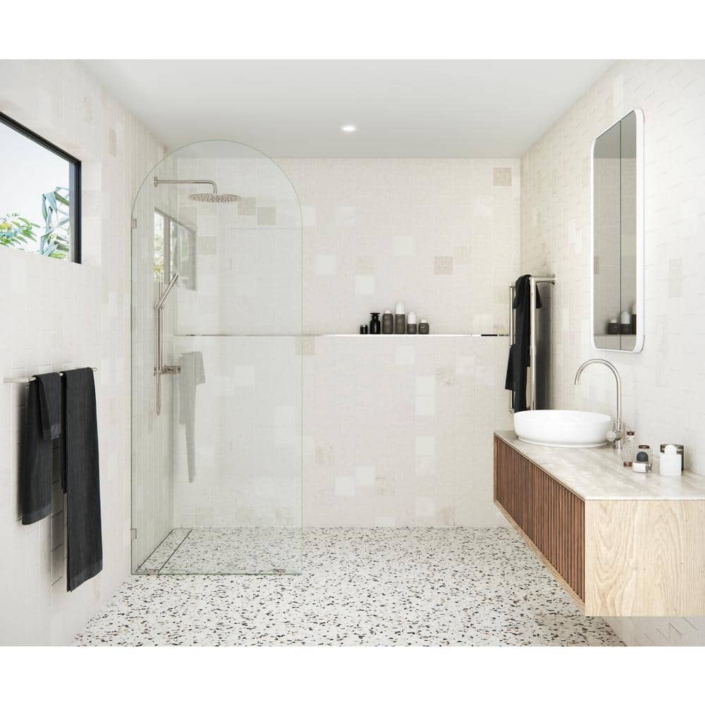 Venus 34 in. x 86.75 in. Frameless Arched Glass Shower Panel with Polished Nickel Hardware