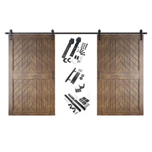 JT1 42 in. x 84 in. C-Panel Dark Walnut Fishbone Design Double Pine Wood Sliding Barn Door with Hardware Kit