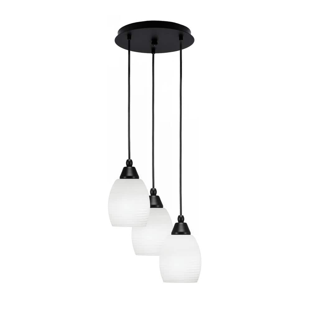 Savannah 9.5 in. 3-Light Matte Black Cord Pendant Light White Linen Glass S