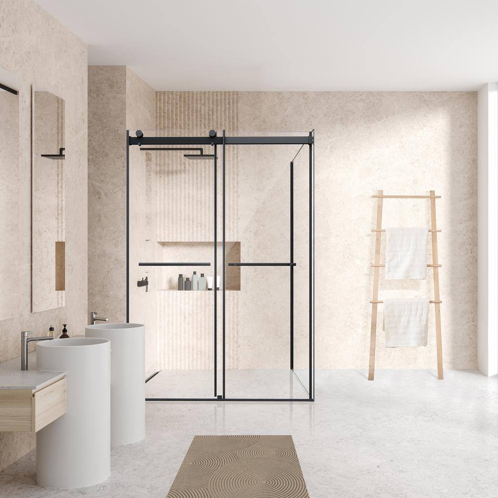 Belizzi 52" W x 76" H Frameless Matte Black Shower Enclosure with Clear Glass