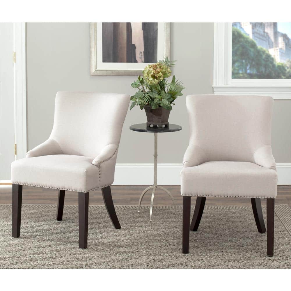 Beige Linen Upholstered Parsons Side Chair with Espresso Wood Legs