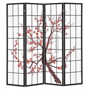 4-Panel Japanese Style Folding Room Divider with Elegant Plum Blossom Design Indoor
