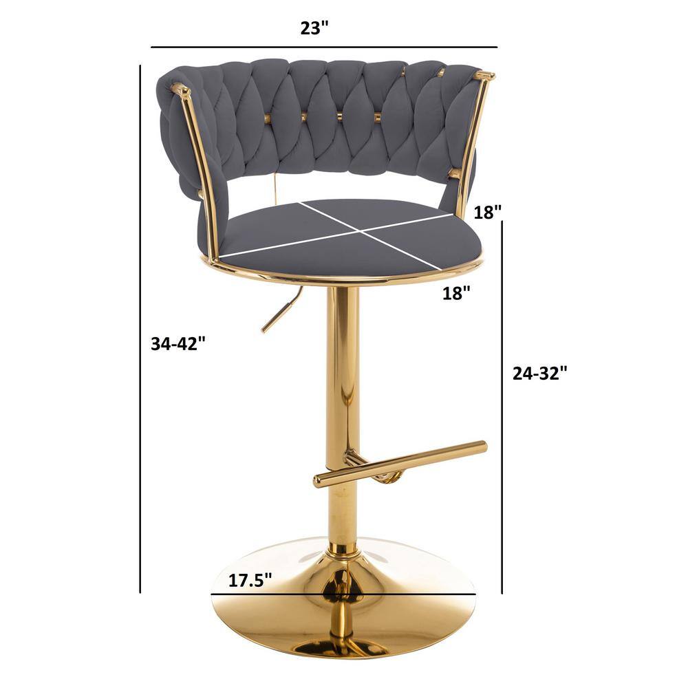 Emerald Green Velvet Adjustable Swivel Bar Stools with Gold Base, Set of 2
