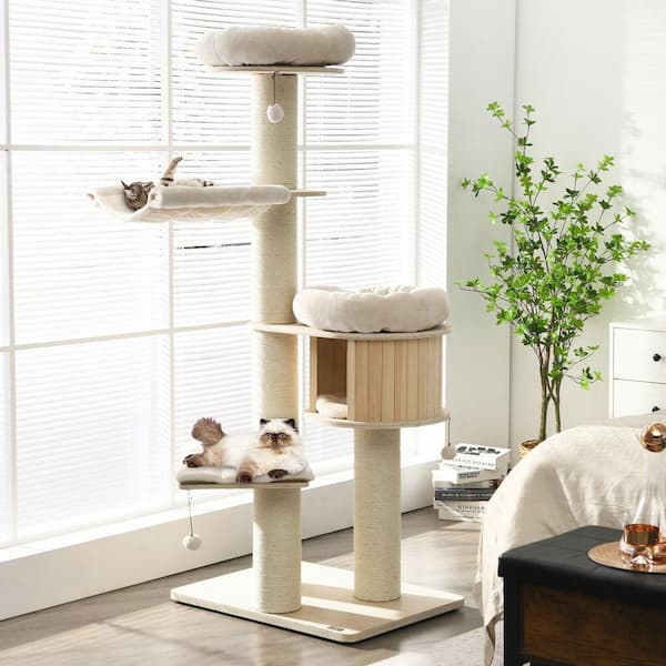 4-Layer 68.5 in. Wood Modern Cat Tree Condo Activity Tower with Sisal Posts