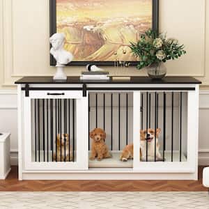 Modern Large Wooden Dog Kennel Furniture, Pet Dog Cage with Sliding Door for Large Medium Small Dogs, White