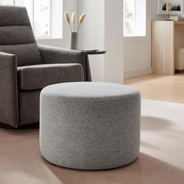 MODWAY Callum Large 23 in. Round Woven Heathered Fabric Upholstered Ottoman in Heathered Weave Light Gray
