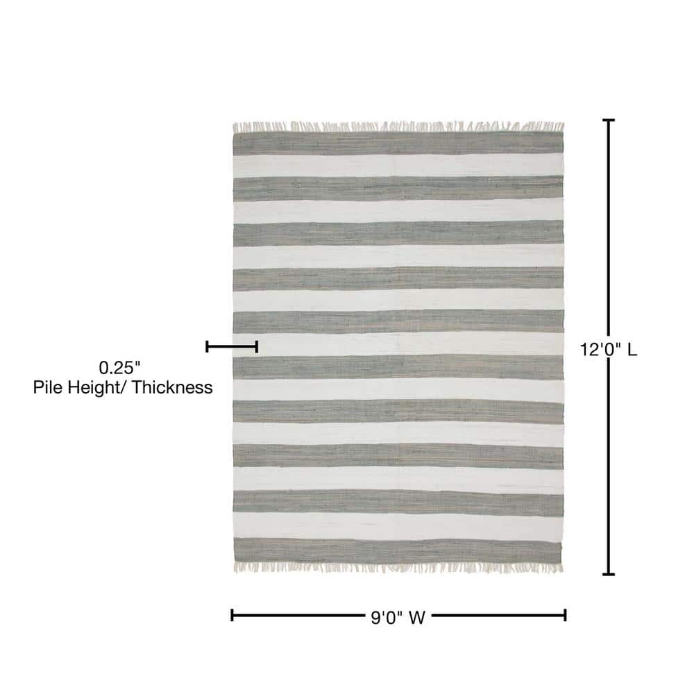 Handwoven Recycled Cotton Striped Rug - 9' x 12' - Gray and Ivory